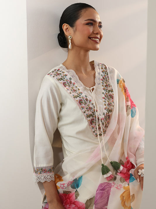 Floral Embroidered V-Neck Thread Work Straight Kurta With Trousers & Dupatta