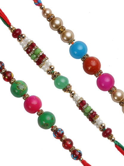 Dhiyona Red Set Of 3 Stone Studded & Beaded Thread Rakhi With Roli Chawal & Greeting Card