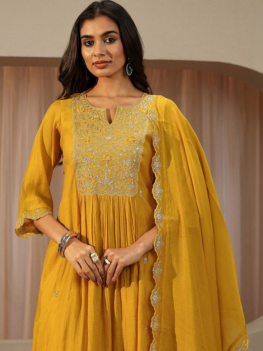 Yellow Embroidered Chanderi Cotton A-line Suit Set