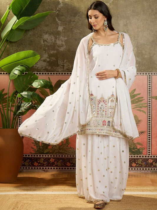Dhiyona SN Embroidered Round Neck Straight Kurti & Sharara With Dupatta