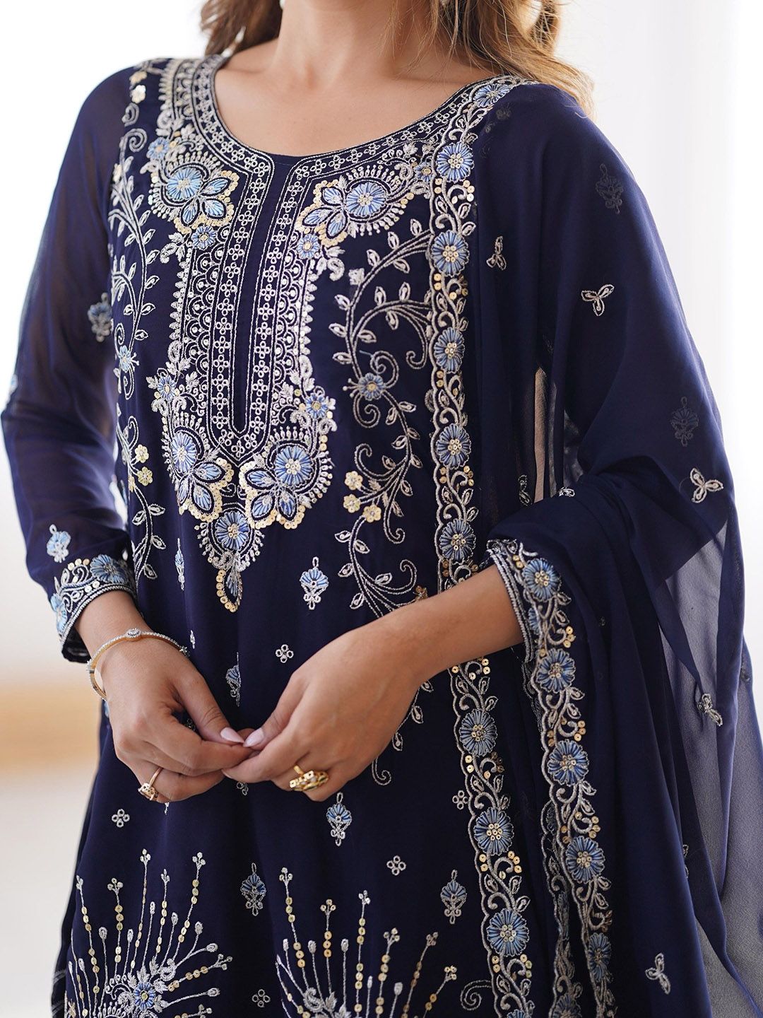 Dhiyona KL Women Ethnic Motifs Embroidered Regular Sequinned Kurta with Sharara & With Dupatta