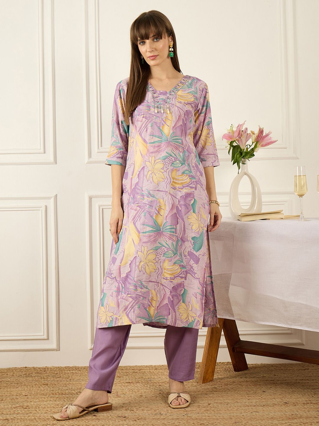 Dhiyona IE Floral Printed Thread Work Pure Cotton Kurta With Palazzos