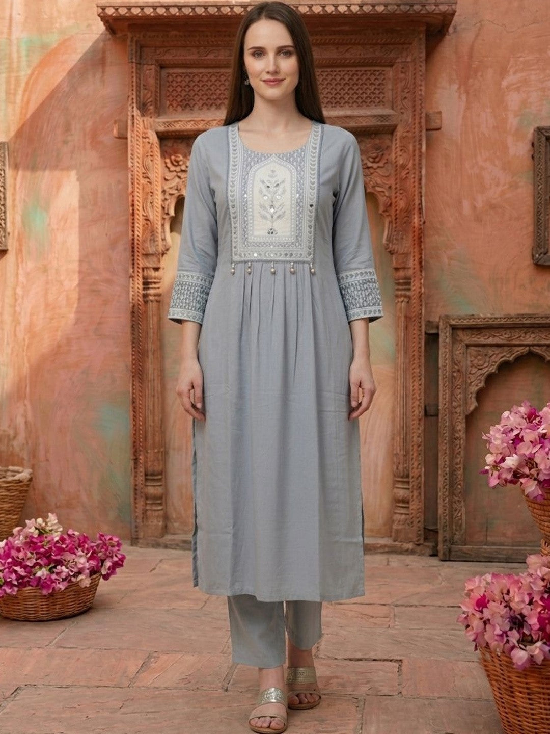Women Ethnic Motifs Embroidered Empire Mirror Work Pure Cotton Kurta with Trousers & With Dupatta