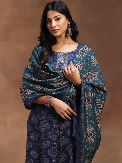 Women's LB Blue Printed Silk Blend Straight Suit With Dupatta