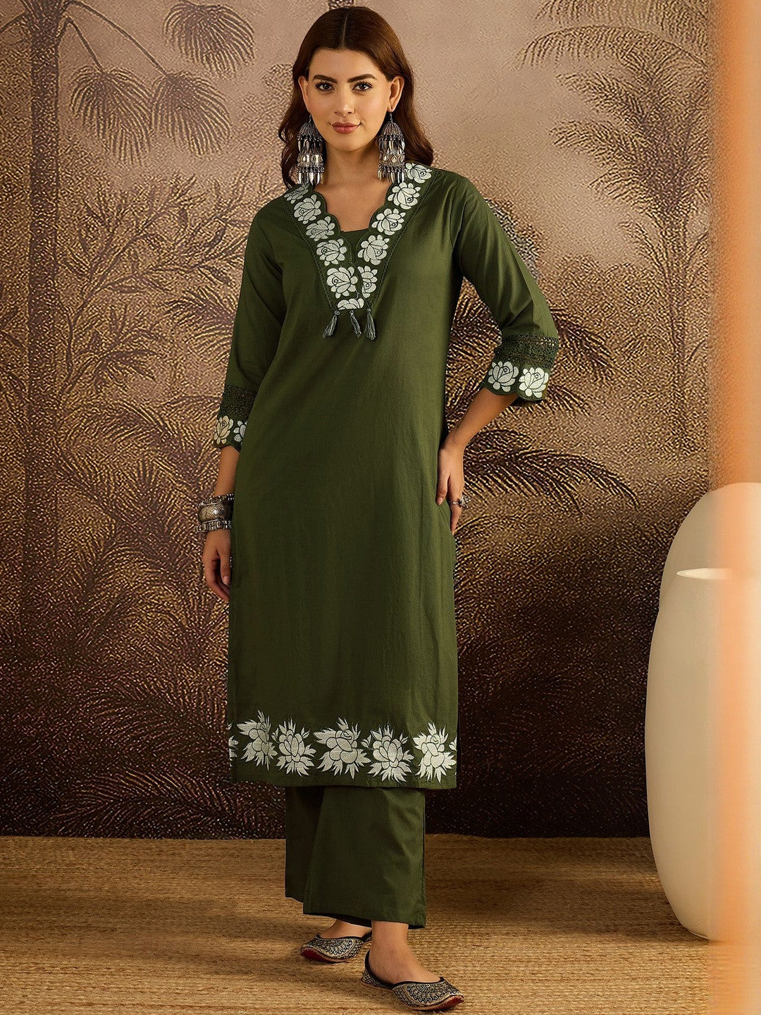 Embroidered Cotton Kurta with Trousers & Dupatta Set