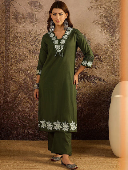 Embroidered Cotton Kurta with Trousers & Dupatta Set
