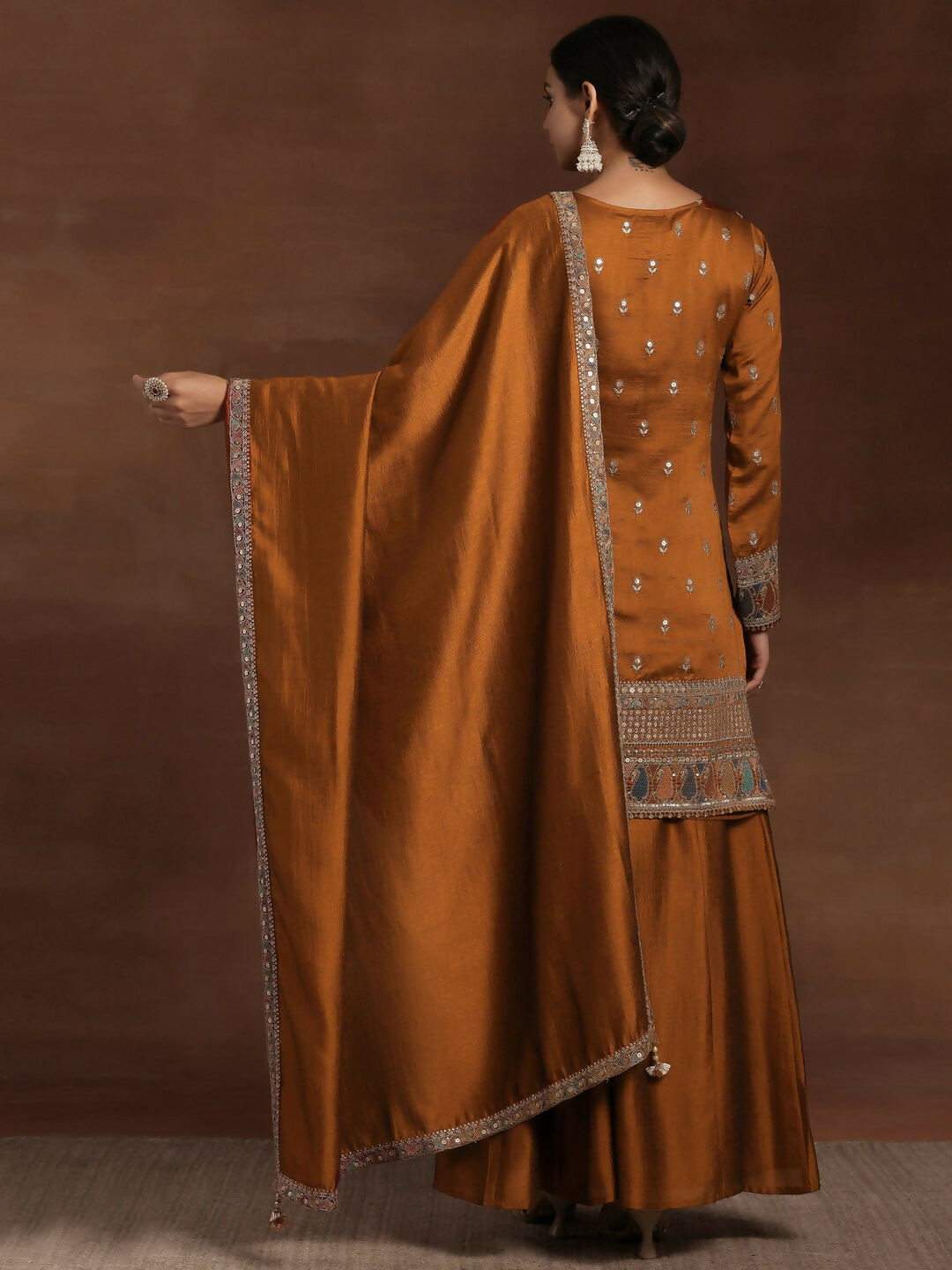 Women's LB Adaa Rust Embroidered Silk Blend Straight Kurta With Palazzos & Dupatta