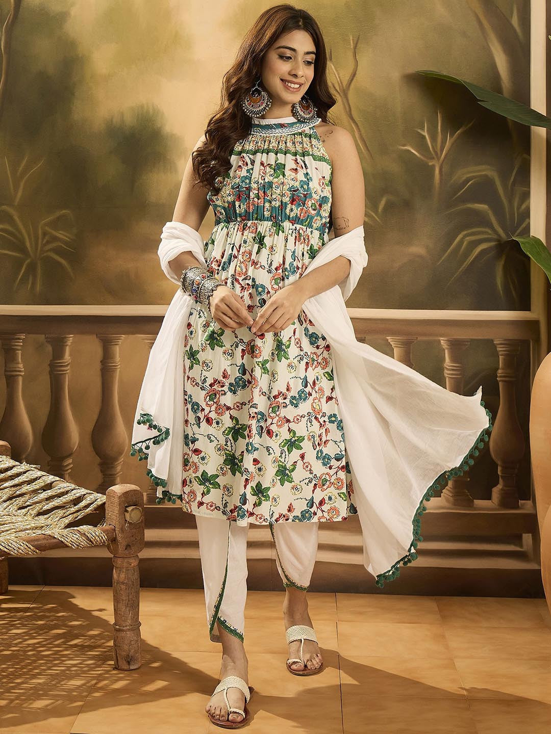 Women Floral Printed Cotton Kurta with Dhoti Pant & Dupatta