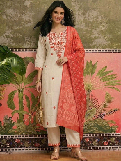 Embroidered Pure Cotton Round Neck Kurta & Trousers With Dupatta