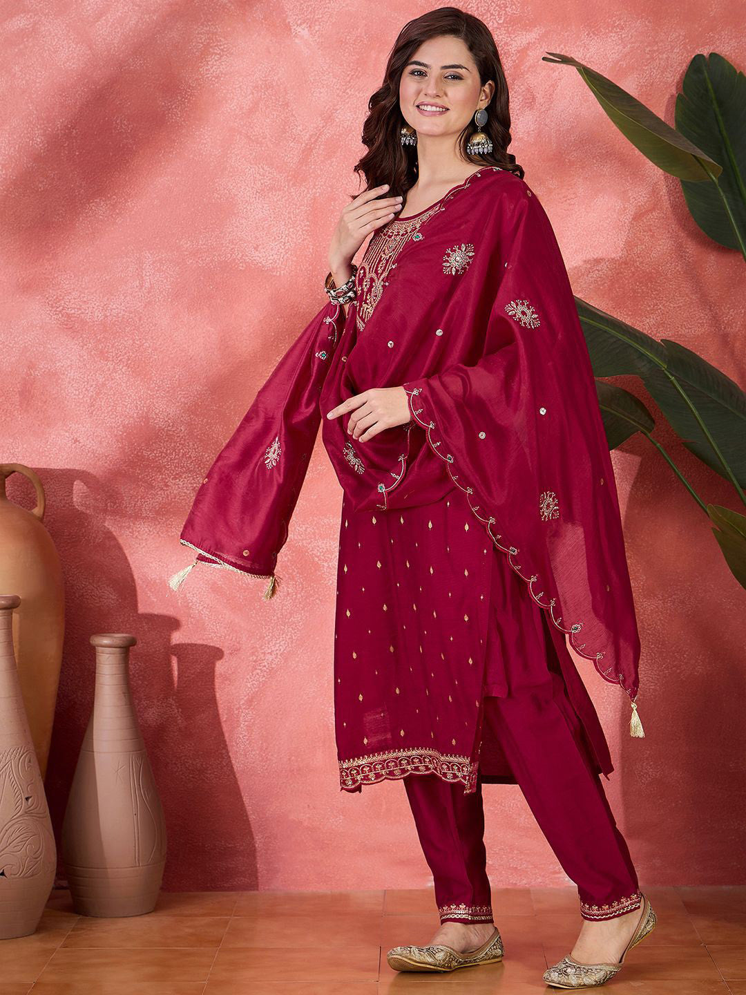 Floral Embroidered Round Neck Sequinned Straight Kurta With Trousers & Dupatta