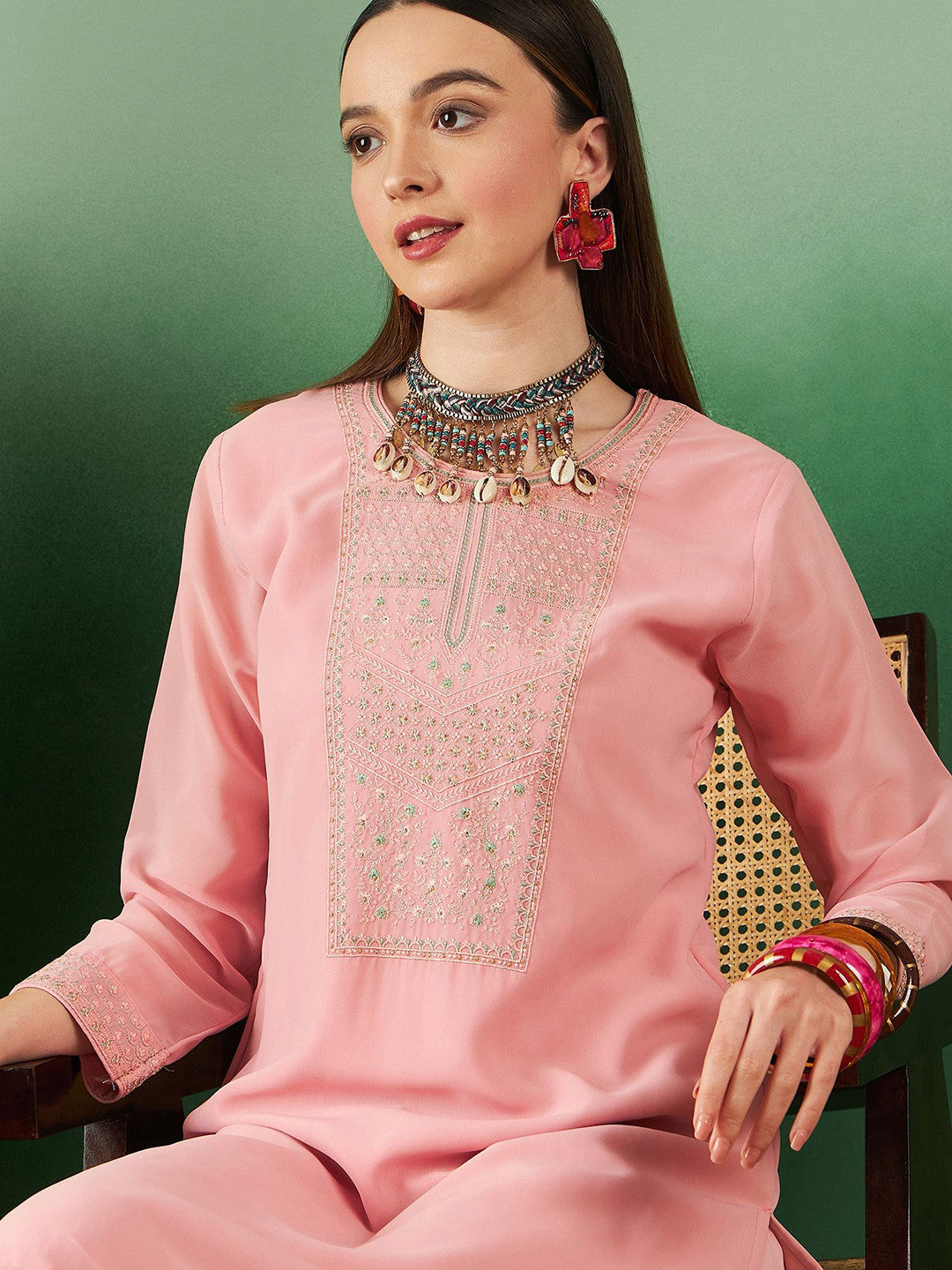 Embroidered Straight Kurta & Trousers
