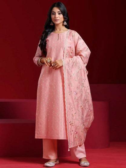 Women's LB Art Pink Embroidered Chanderi Silk Straight Suit With Dupatta