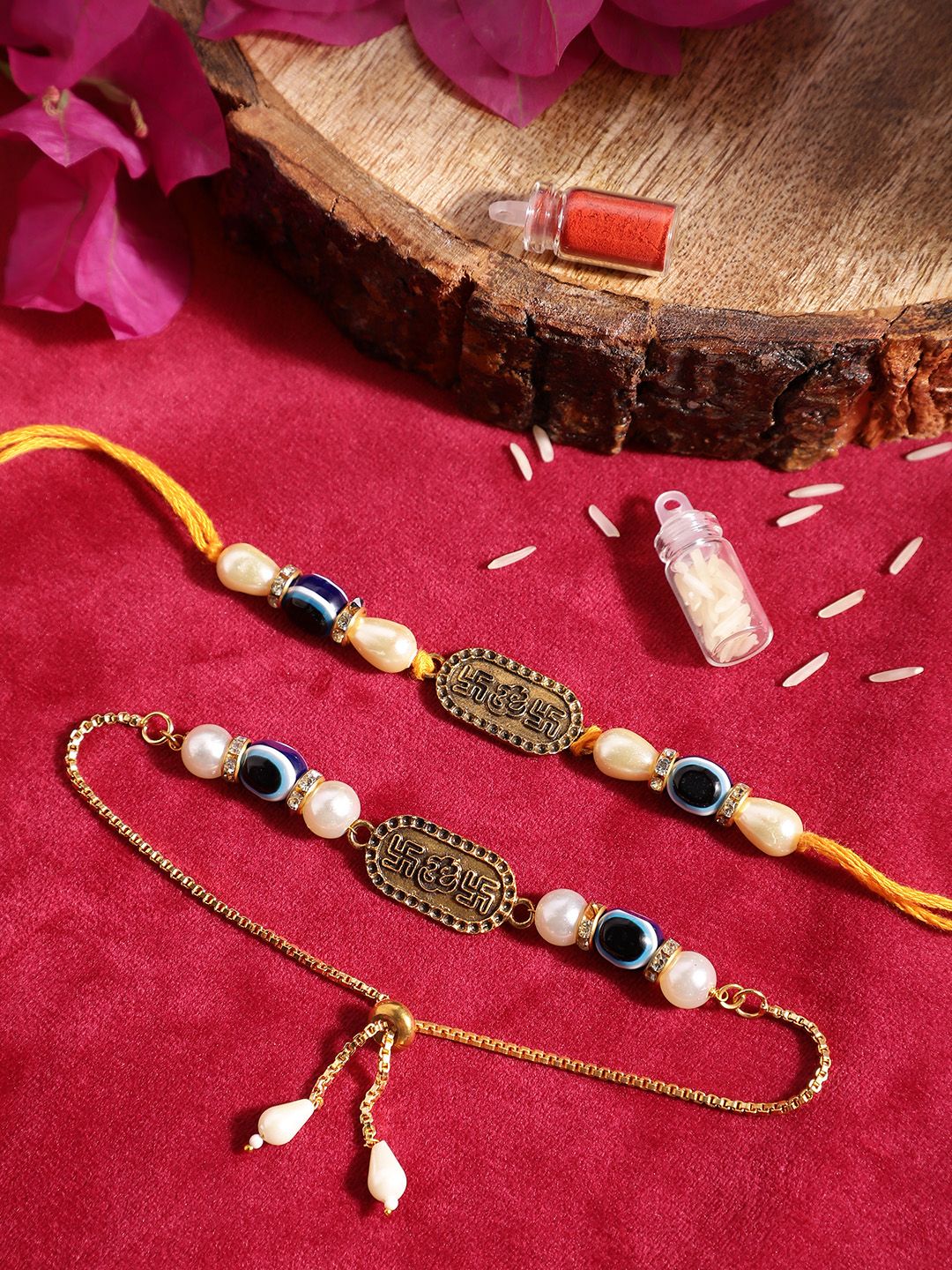 Dhiyona Unisex Set of 2 Beaded Bhai Bhabhi Rakhis With Roli & Chawal