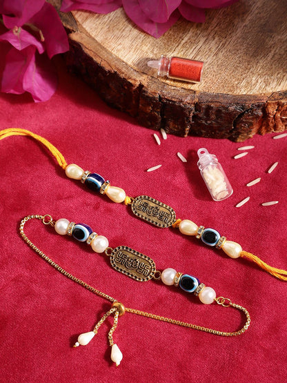 Dhiyona Unisex Set of 2 Beaded Bhai Bhabhi Rakhis With Roli & Chawal
