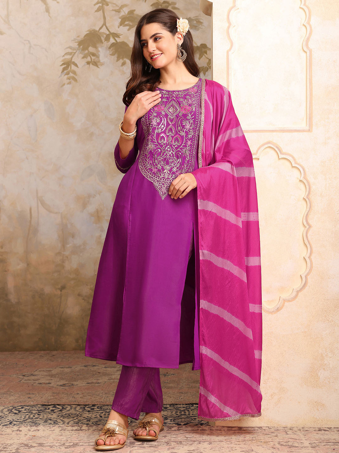 Embroidered Round Neck Kurta With Trousers & Dupatta