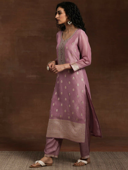 Women's LB Mauve Woven Design Silk Blend Straight Kurta With Palazzos & Dupatta