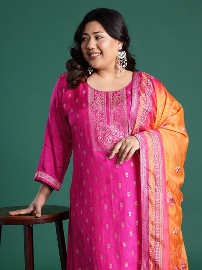 Dhiyona Women's Plus Size Woven Design Kurta with Palazzos & Dupatta