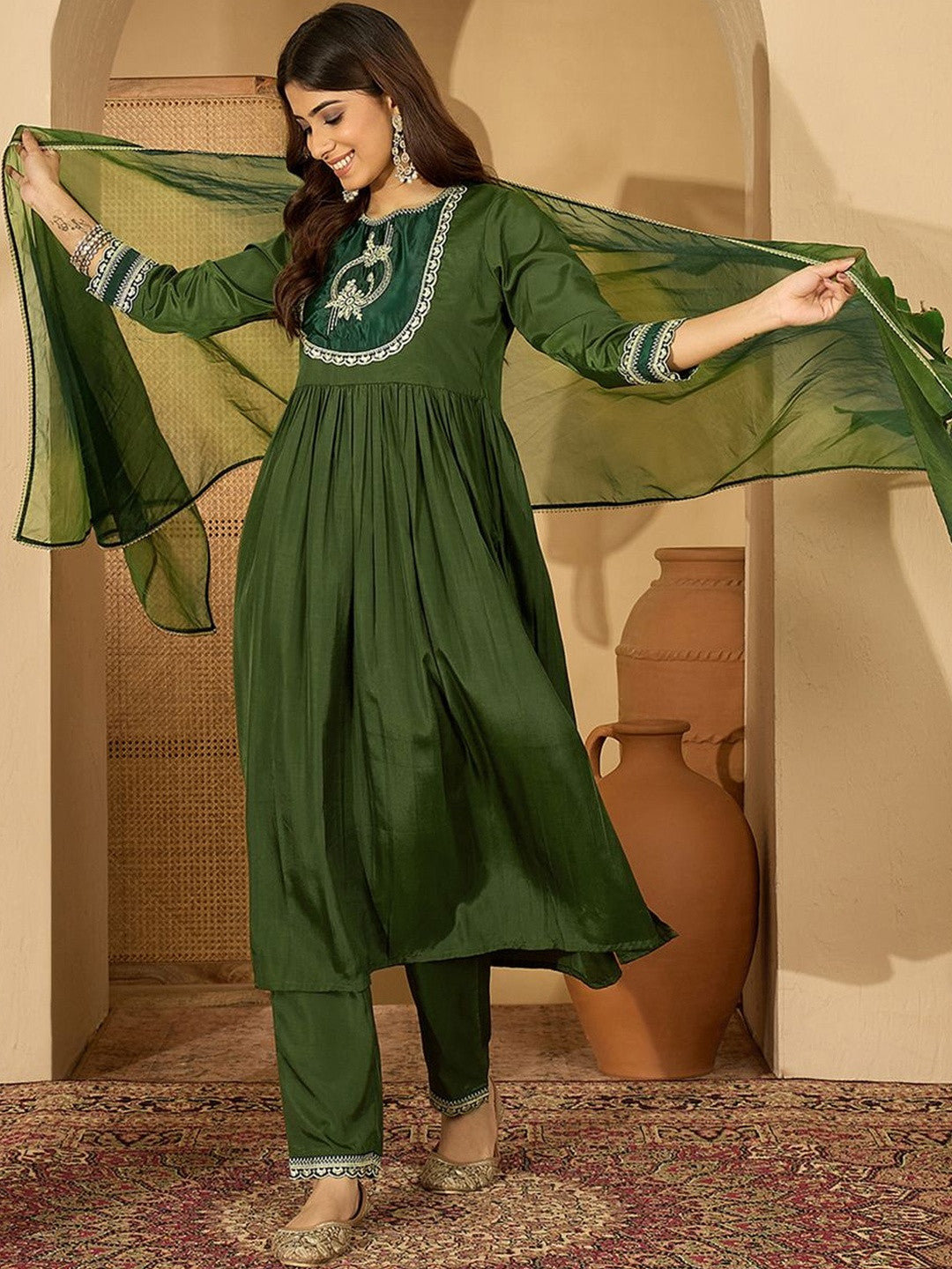 Ethnic Motifs Embroidered Pleated Thread Work Kurta With Palazzos & Dupatta