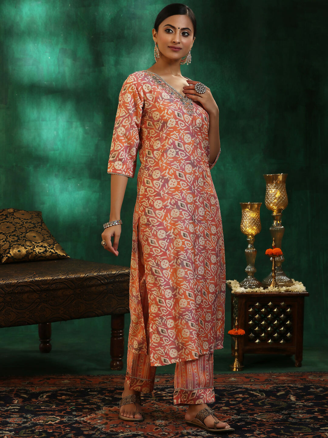 Women's LB Peach Printed Silk Blend Straight Suit With Dupatta