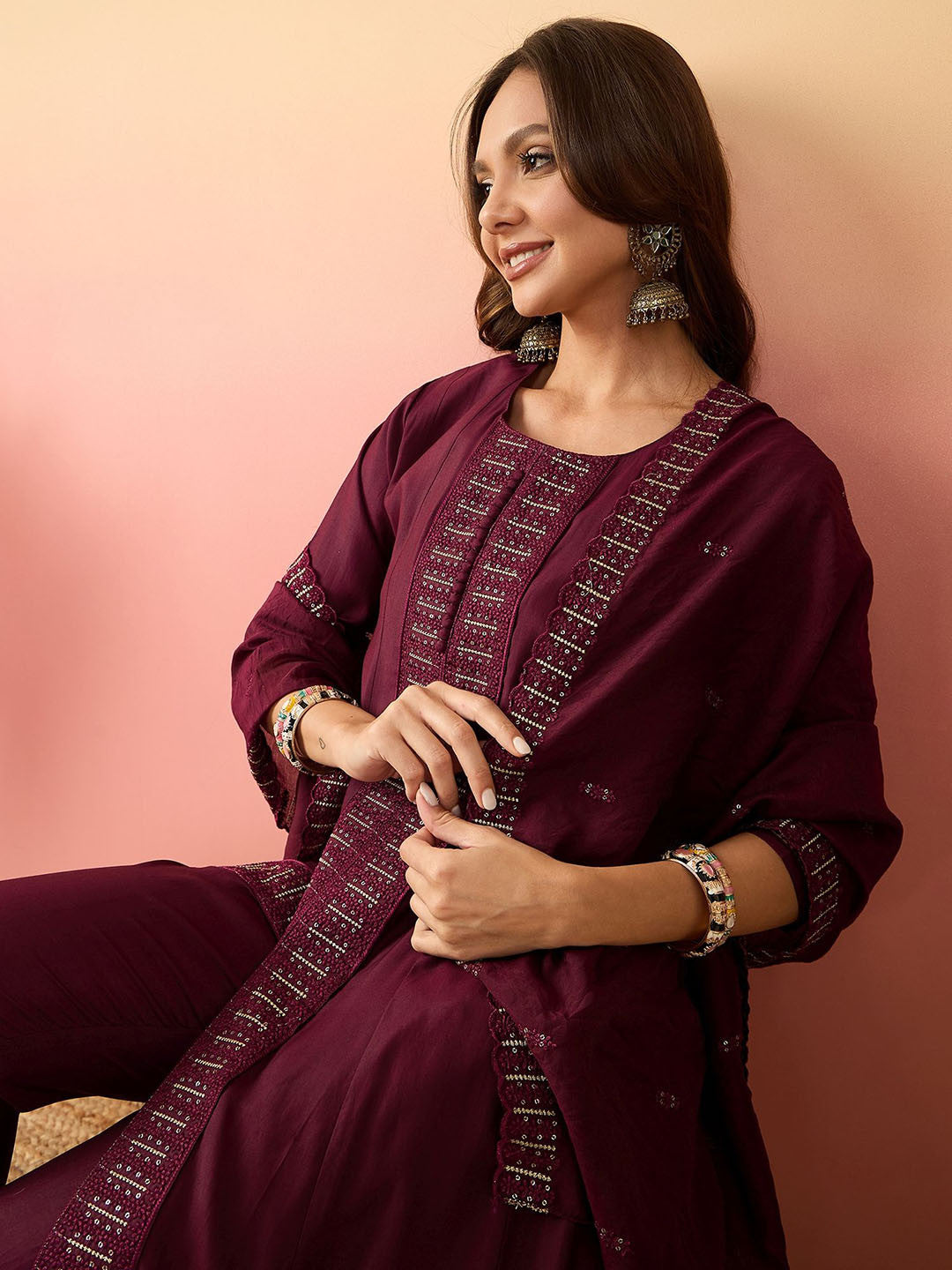 Embroidered Straight Kurta With Pyjamas & Dupatta