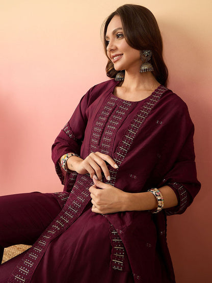 Embroidered Straight Kurta With Pyjamas & Dupatta