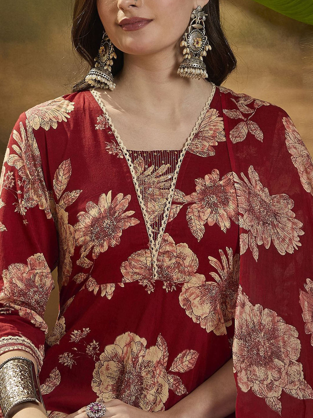 Floral Printed Pure Cotton Anarkali Kurta With Trouser & Dupatta