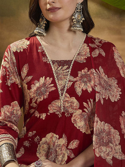Floral Printed Pure Cotton Anarkali Kurta With Trouser & Dupatta