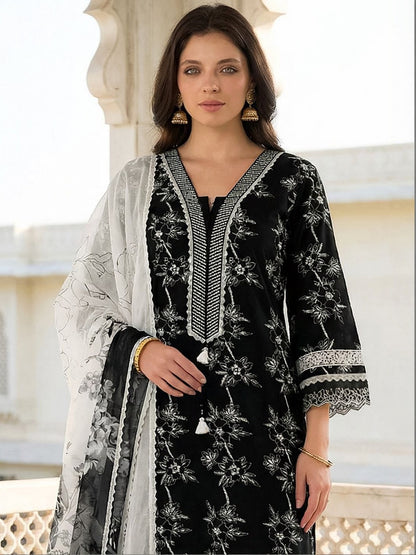 Women Floral Actual Embroidery Regular Thread Work Pure Cotton Kurta Set