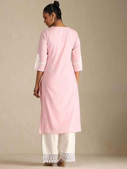 Dhiyona SO Women's Floral Embroidered Notch Neck Thread Work Pure Cotton Straight Kurta With Palazzos