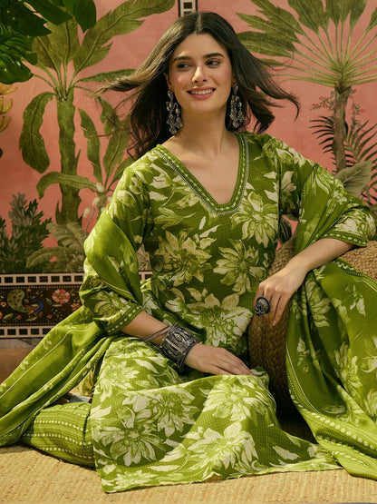 Printed V-Neck Kurta & Trousers With Dupatta