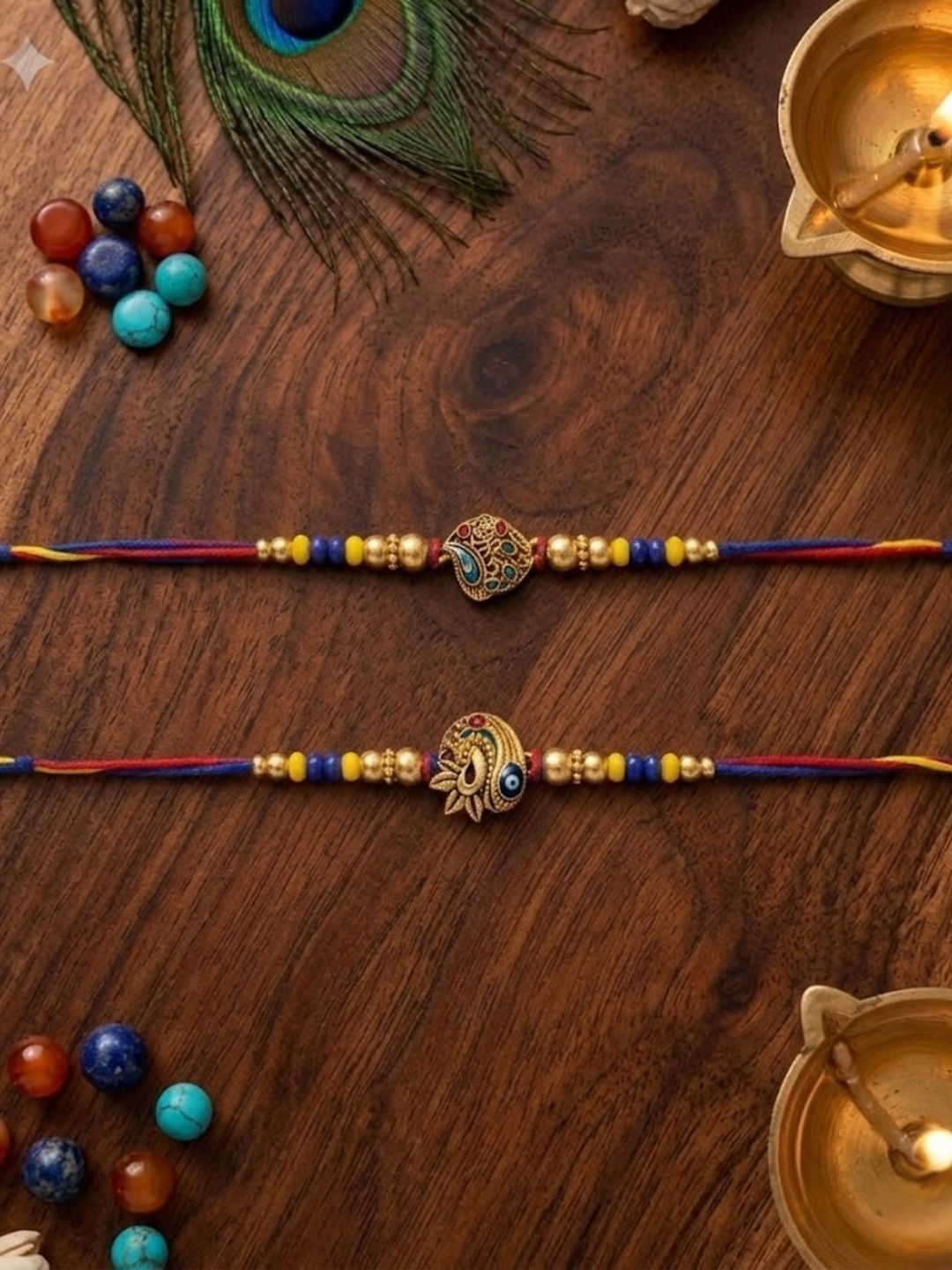 Dhiyona Set Of 2 Peacock Design Thread Rakhi With Roli Chawal Chandan Mishri