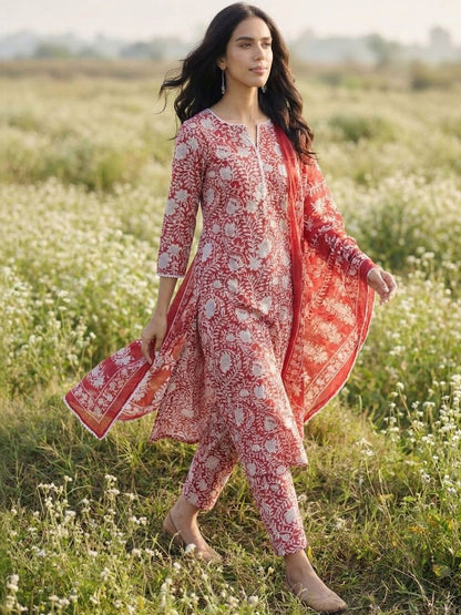 Red Women Floral Printed Regular Kurta with Trousers & With Dupatta