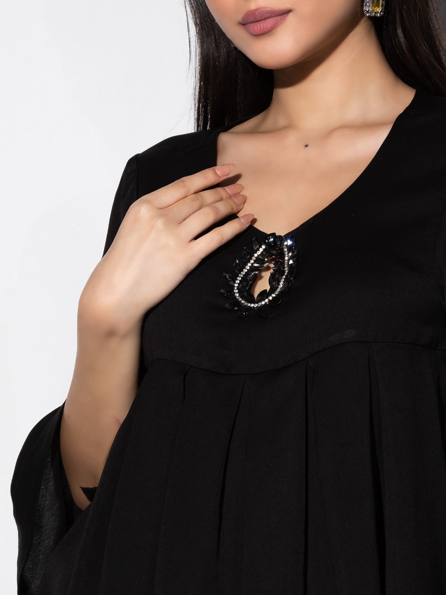 Dhiyona ST Women's Keyhole Black Korean Kurta Top 1 Piece | A-Line, V Neck, 3/4 Sleeves, Festive Wear, (Korean Fabric)