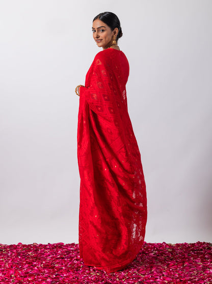 Dhiyona ST Rosemati Red Jamdani Cotton Saree