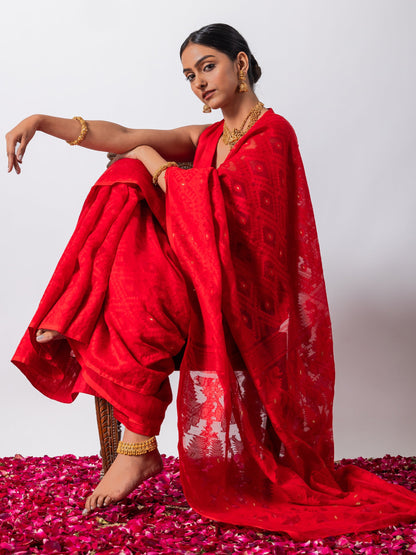 Dhiyona ST Rosemati Red Jamdani Cotton Saree