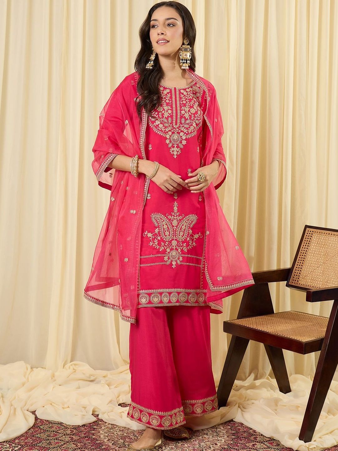 Dhiyona IE Women Ethnic Motifs Embroidered Regular Thread Work Kurta with Palazzos & With Dupatta