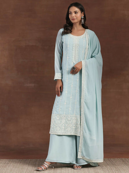 Women's LB Blue Embroidered Georgette Straight Suit With Dupatta