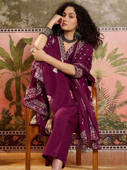 Printed Cotton V-Neck Kurta & Trousers With Dupatta