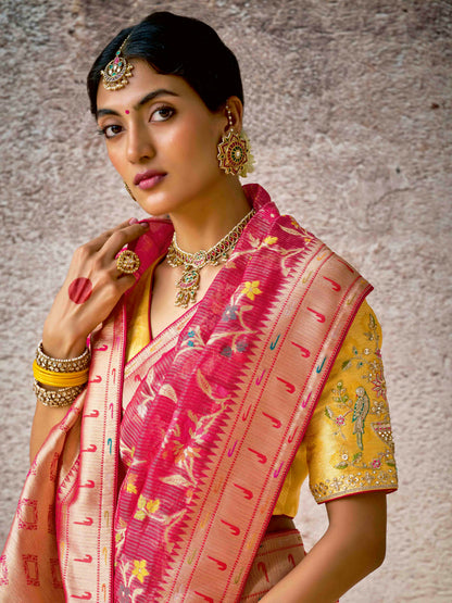Dhiyona KM Women Classic Red Banarasi Silk Saree With Contrast Yellow Blouse