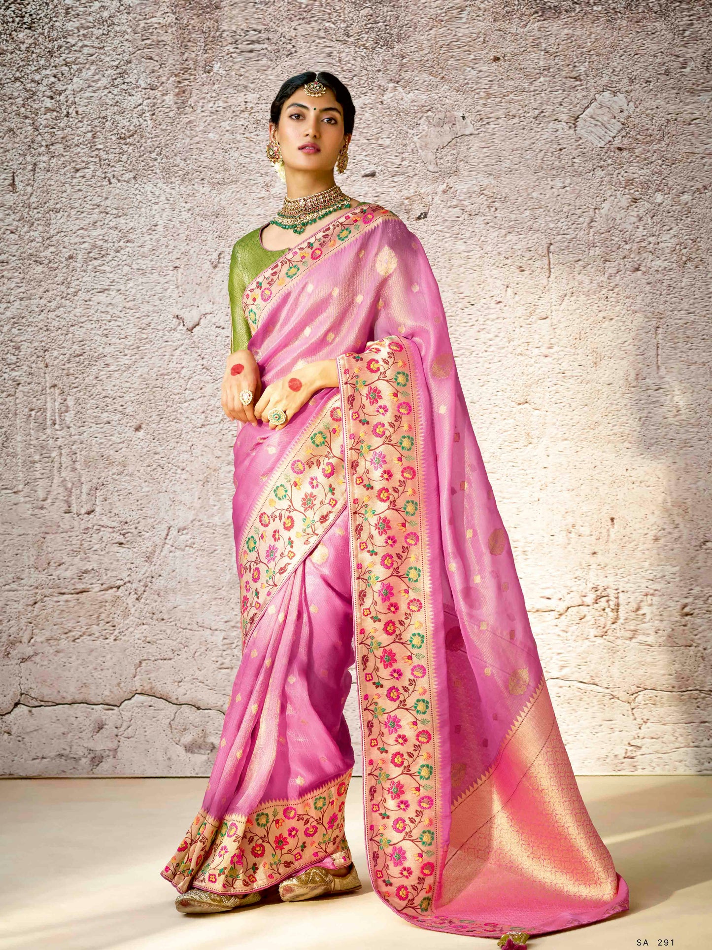 Dhiyona KM Women Pastel Pink Banarasi Silk Saree With Zari Weaving & Contrast Green Embroidered Blouse