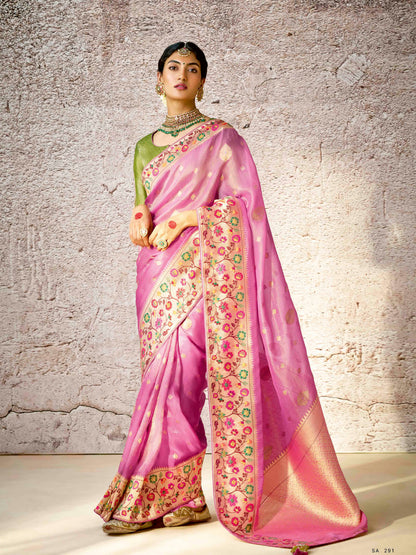 Dhiyona KM Women Pastel Pink Banarasi Silk Saree With Zari Weaving & Contrast Green Embroidered Blouse