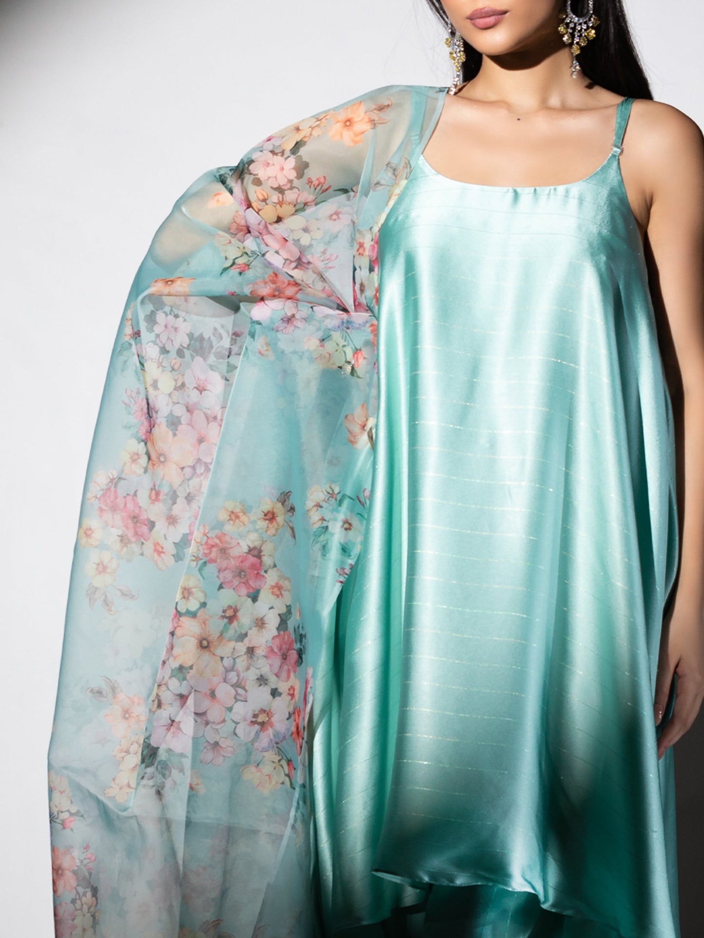 Dhiyona ST Women's Mint Stripe Satin Dress Set with Pants and Organza Printed Dupatta with Lace 3 Piece Set | Straight Fit, Round Neck, Sleeveless, Pants, Partywear, (Satin Organza)