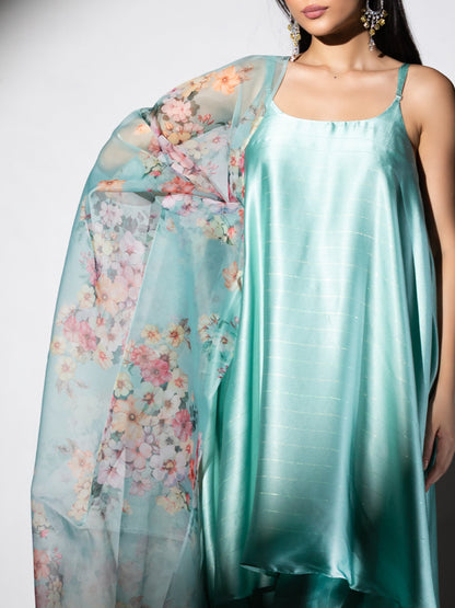 Dhiyona ST Women's Mint Stripe Satin Dress Set with Pants and Organza Printed Dupatta with Lace 3 Piece Set | Straight Fit, Round Neck, Sleeveless, Pants, Partywear, (Satin Organza)