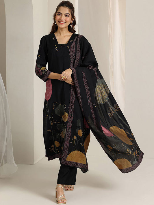 Floral Printed V-Neck Straight Kurta With Trousers And Dupatta