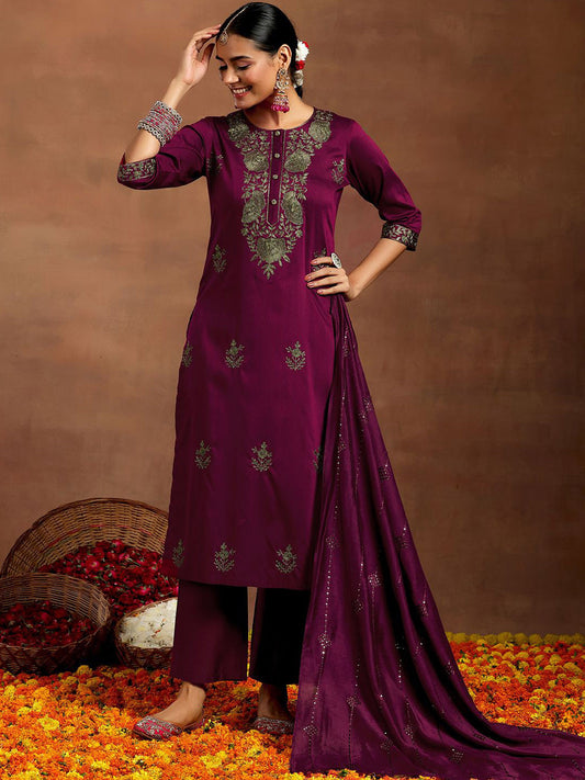 Floral Embroidered Thread Work Straight Kurta With Trousers & Dupatta