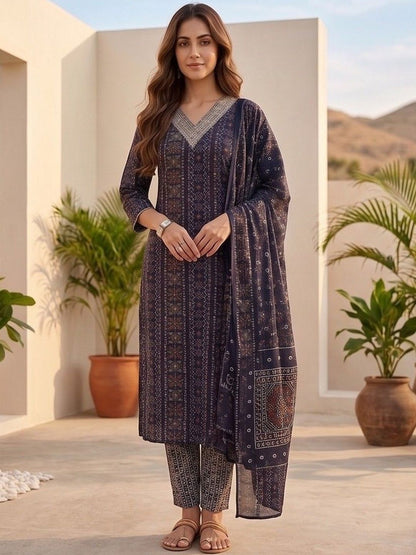 Navy Blue Women Ethnic Motifs Printed Regular Thread Work Kurta with Trousers & With Dupatta