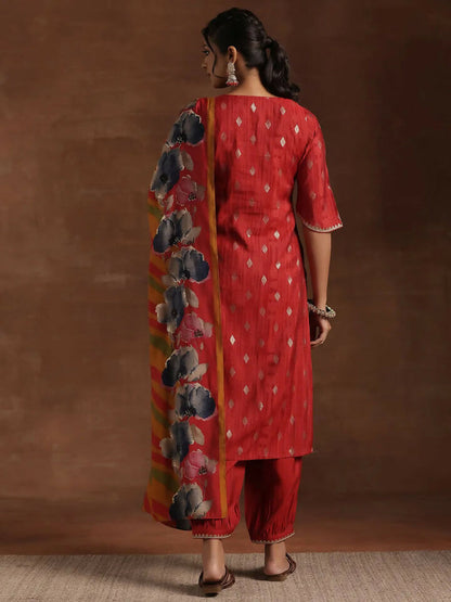 Women's LB Red Woven Design Silk Blend Straight Suit With Dupatta