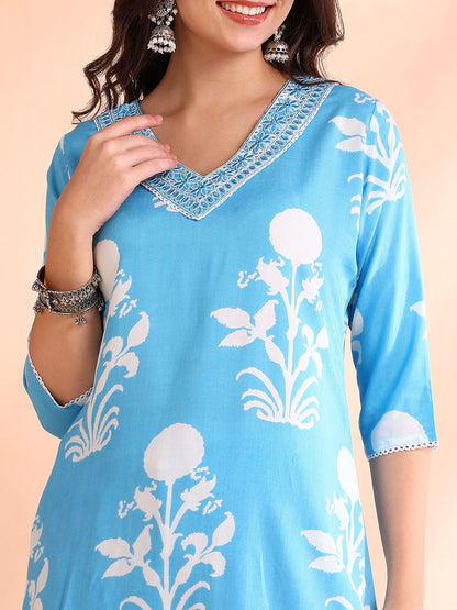 Dhiyona OD  Printed Thread Work Pure Cotton Kurta With Trousers & Dupatta