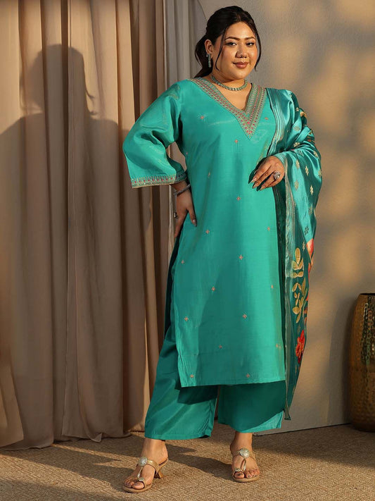 Dhiyona Women's Plus Size Ethnic Motifs Embroidered Kurta with Trouser & Dupatta