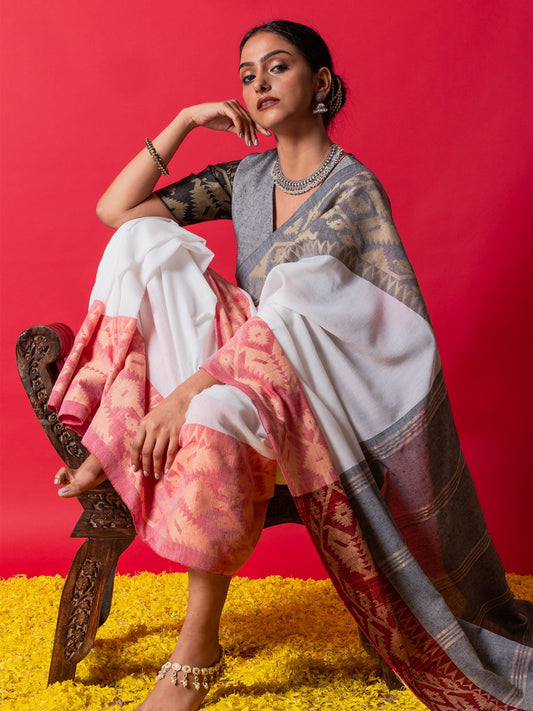 Dhiyona ST White Ghoomar Ganga Yamuna Cotton Saree with Blouse Fabric